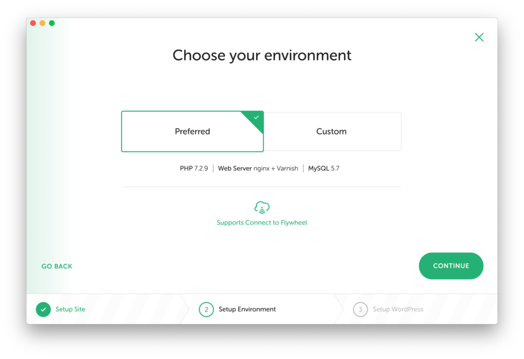 Local by Flywheel showing the environment screen of the second step when creating a site for local development