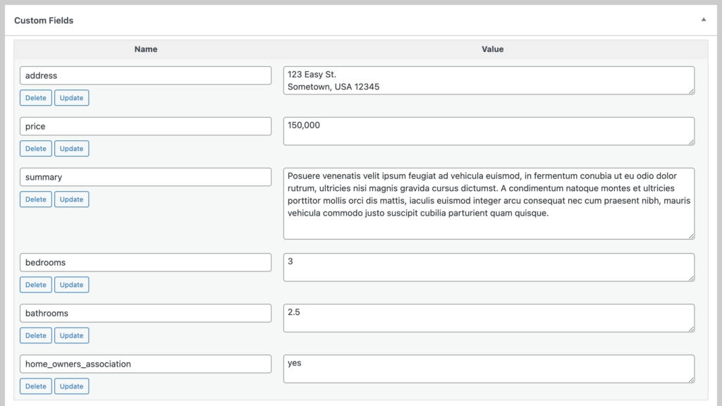 Custom fields set up with the values from the example